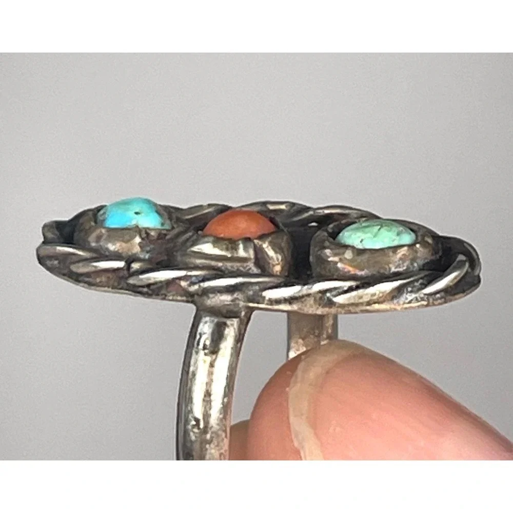 Navajo Sterling Silver Turquoise Coral Ring Early Handmade Size 3.25 Tested